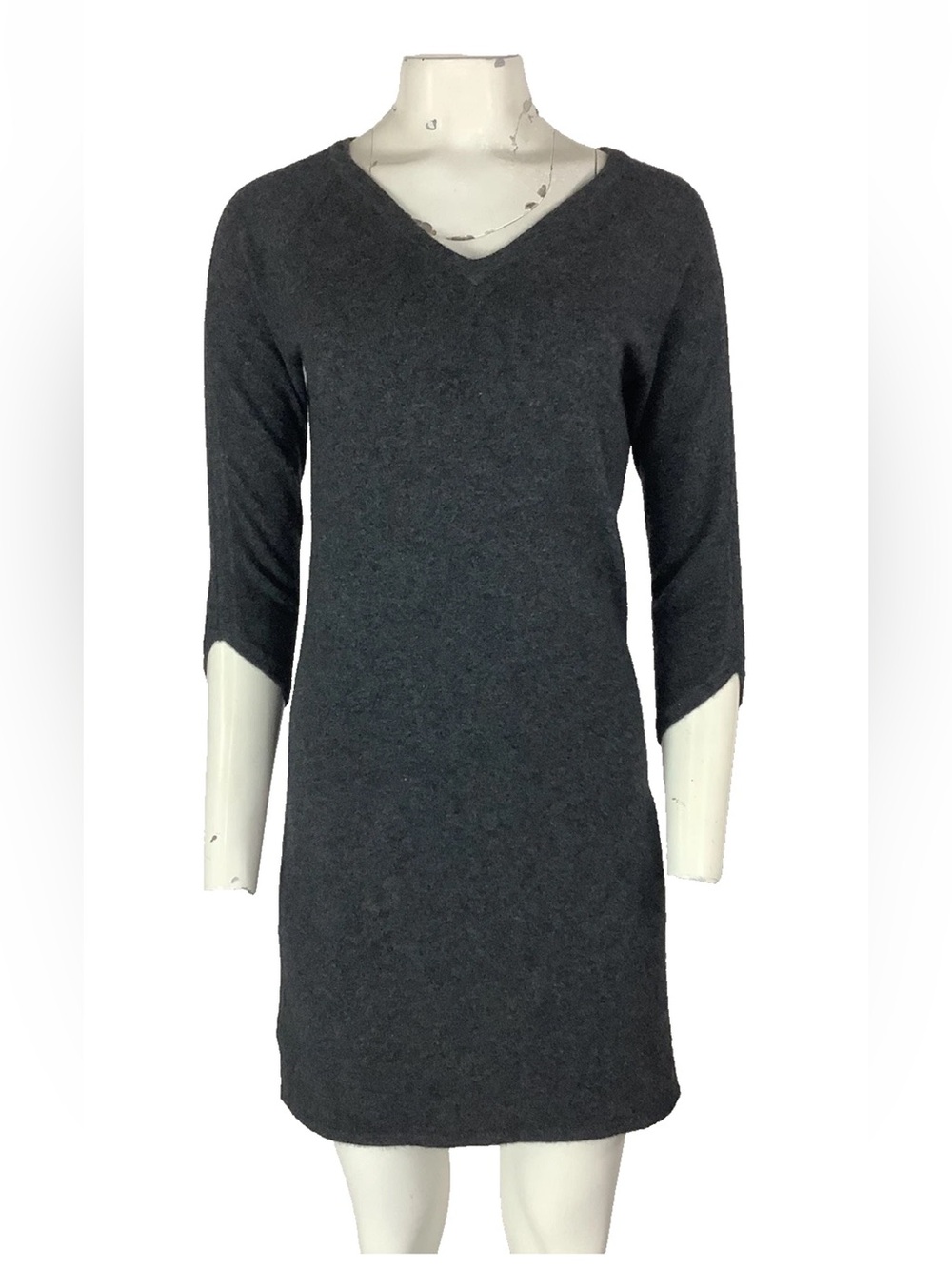 Qi Cashmere Sz M 100% Cashmere V Neck Sheath Pullover Sweater Dress Gray